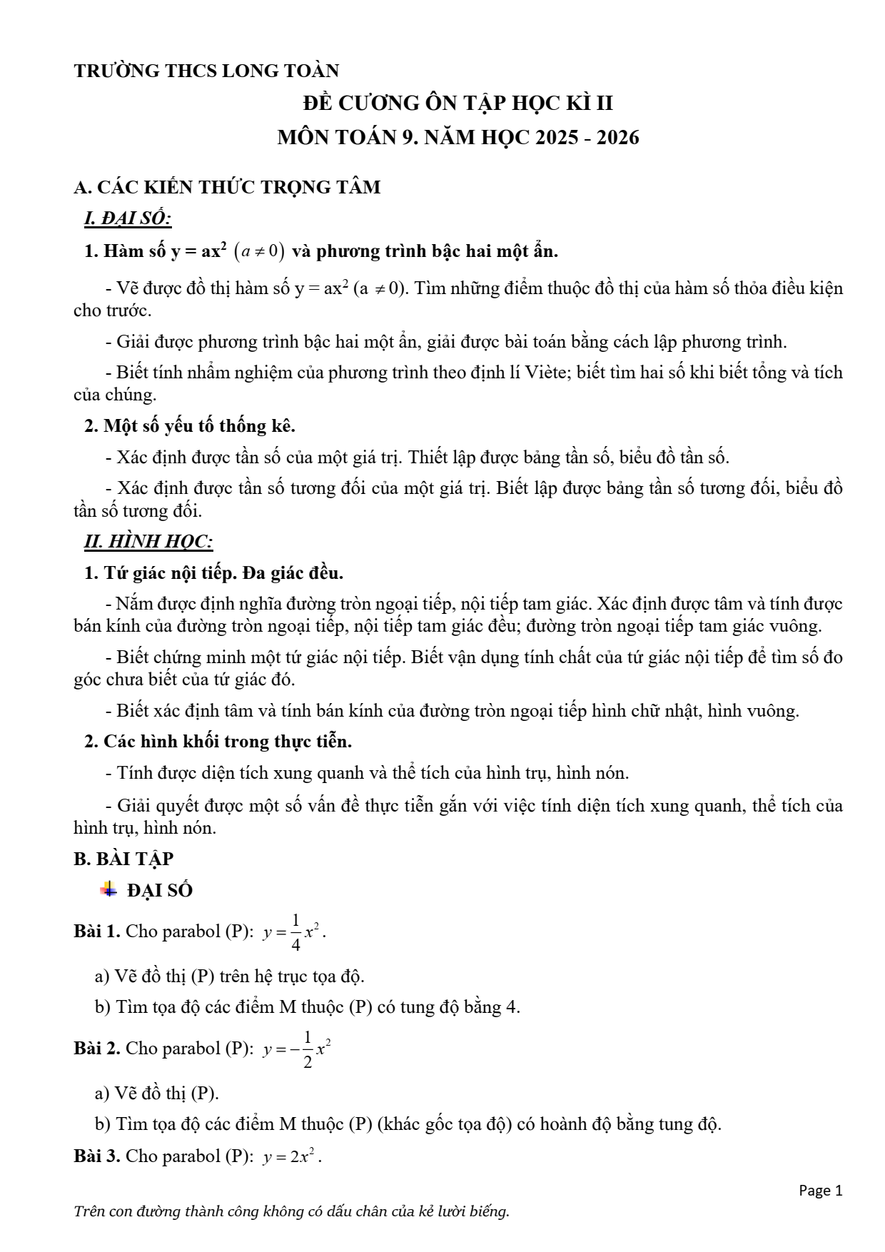 Đề cương ôn tập Học kì 2 Toán 9 trường THCS Long Toàn (TP Hồ Chí Minh) năm 2025–2026