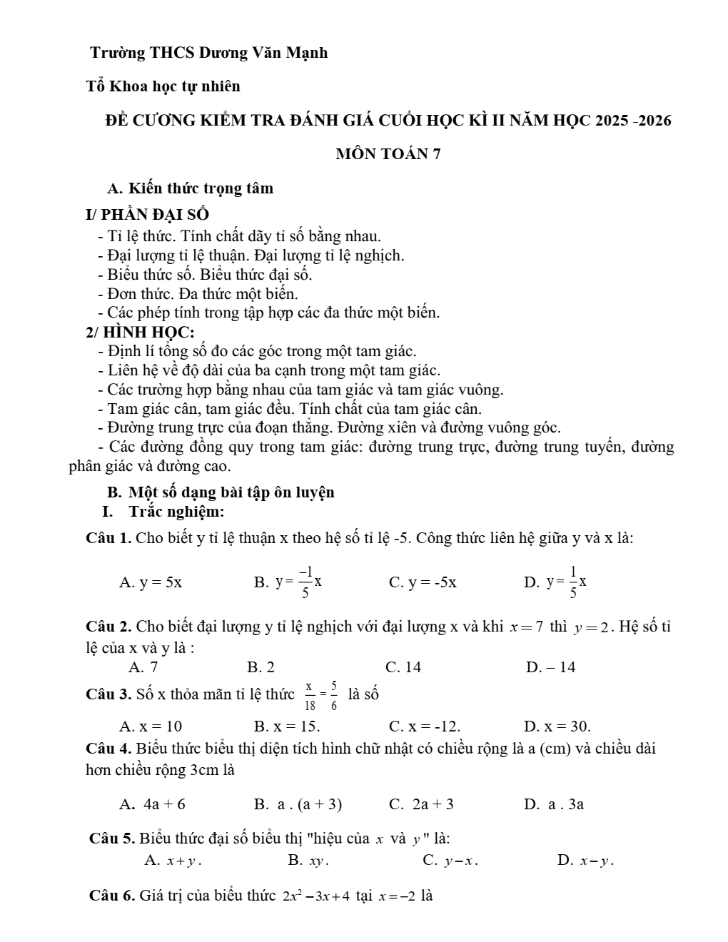 Đề cương ôn tập Học kì 2 Toán 7 trường THCS Dương Văn Mạnh (TP Hồ Chí Minh) năm 2025–2026