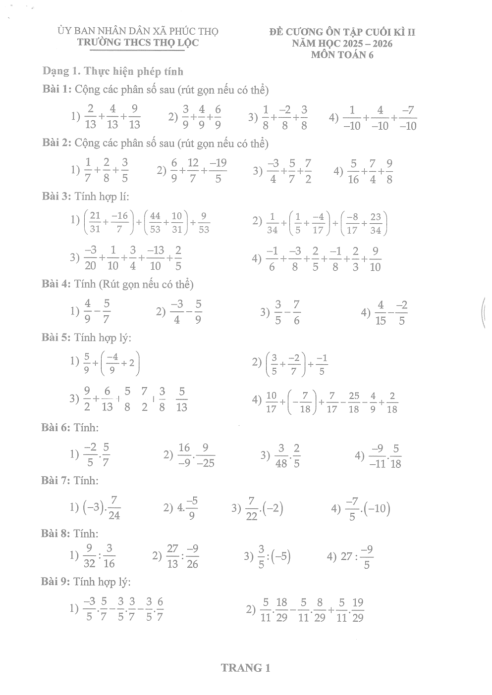 Đề cương ôn tập Học kì 2 Toán 6 trường THCS Thọ Lộc (Hà Nội) năm 2025–2026