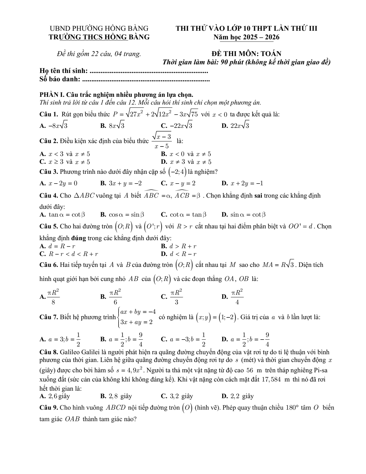 Đề thi thử Toán vào lớp 10 lần 3 năm 2026-2027 trường THCS Hồng Bàng (Hải Phòng)