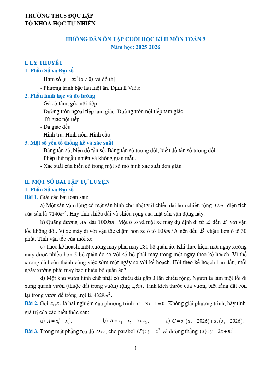 Đề cương ôn tập Học kì 2 Toán 9 trường THCS Độc Lập (Thái Nguyên) năm 2025–2026