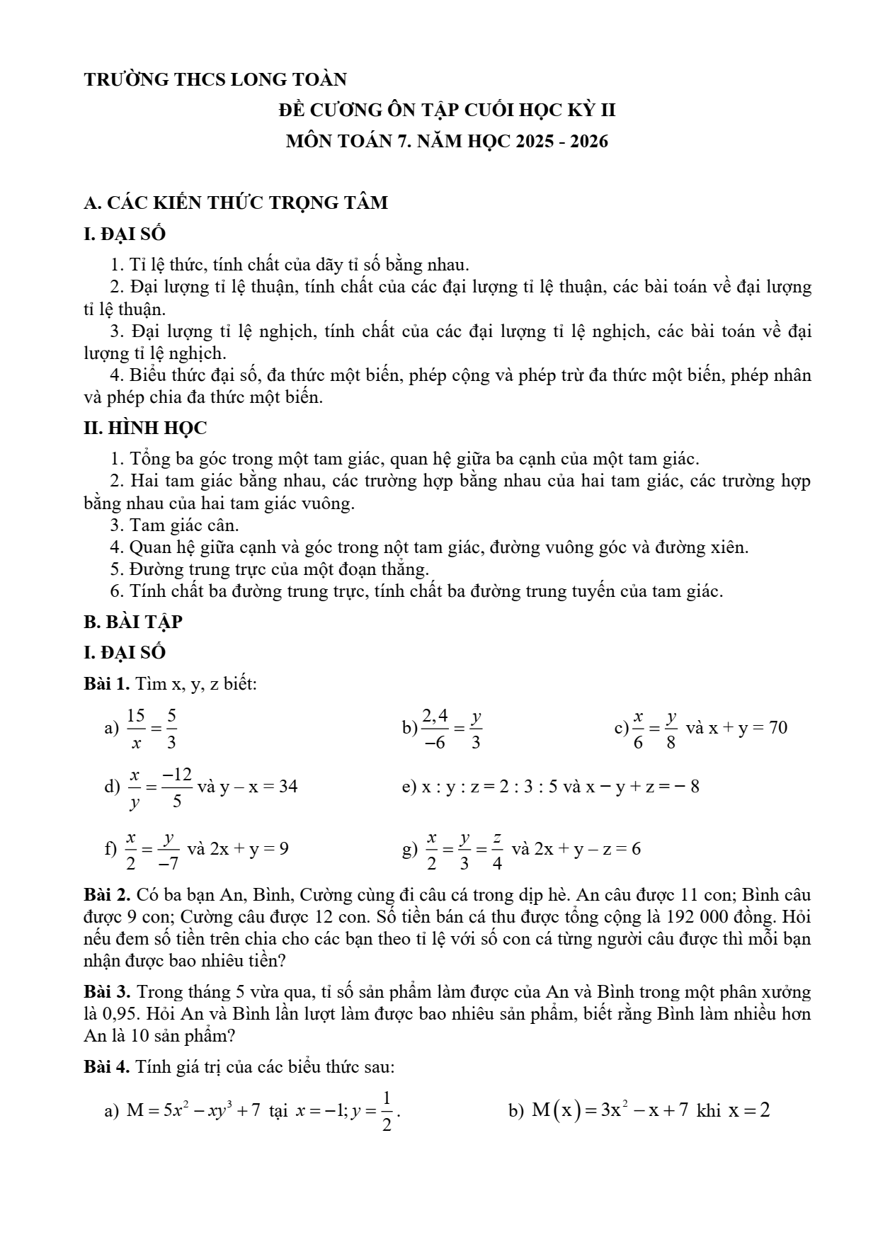 Đề cương ôn tập Học kì 2 Toán 7 trường THCS Long Toàn (TP Hồ Chí Minh) năm 2025–2026