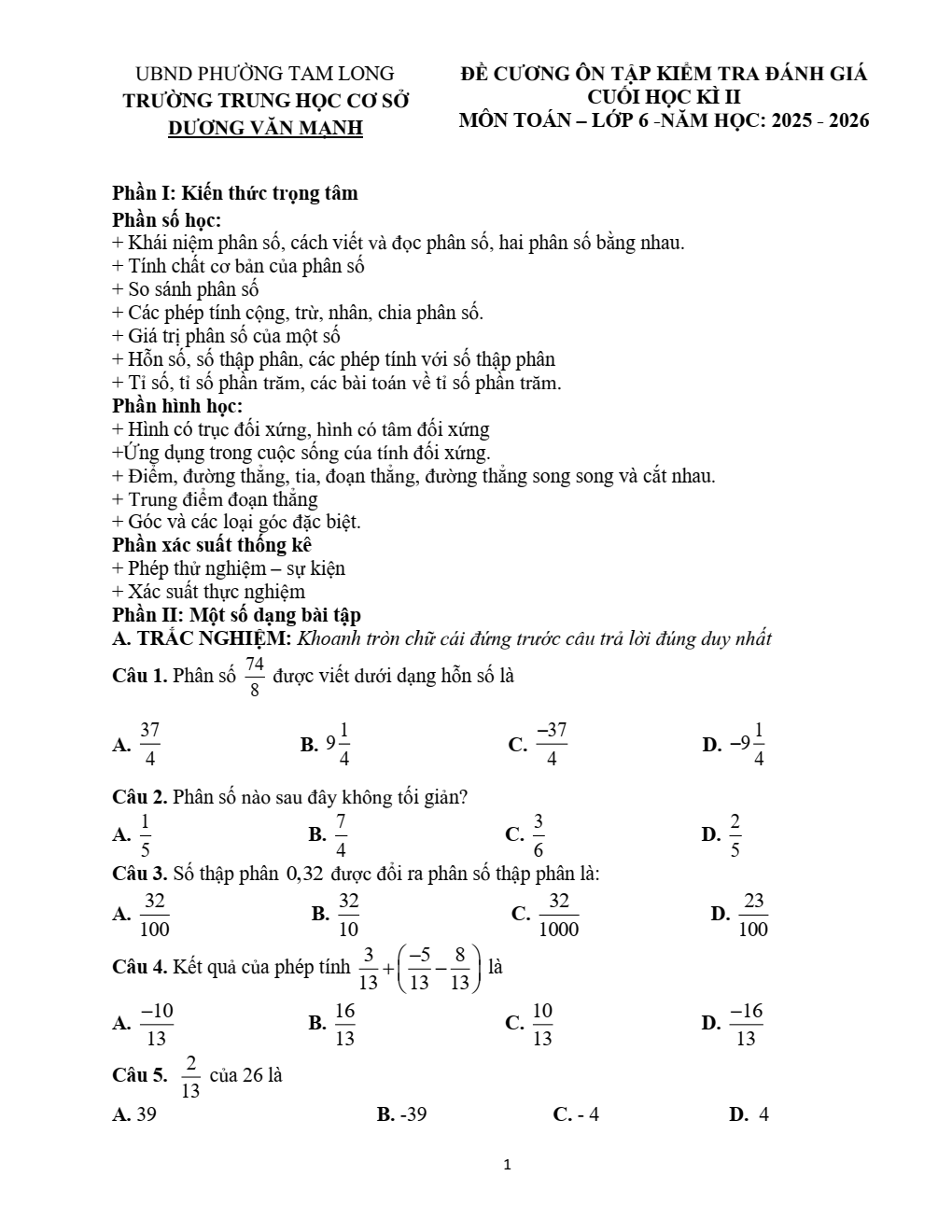 Đề cương ôn tập Học kì 2 Toán 6 trường THCS Dương Văn Mạnh (TP Hồ Chí Minh) năm 2025–2026