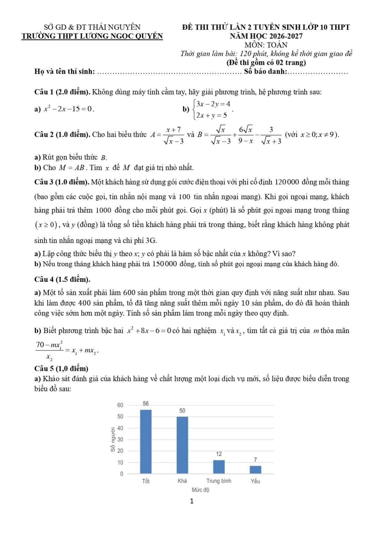 Đề thi thử Toán vào lớp 10 lần 2 năm 2026-2027 trường Lương Ngọc Quyến (Thái Nguyên)