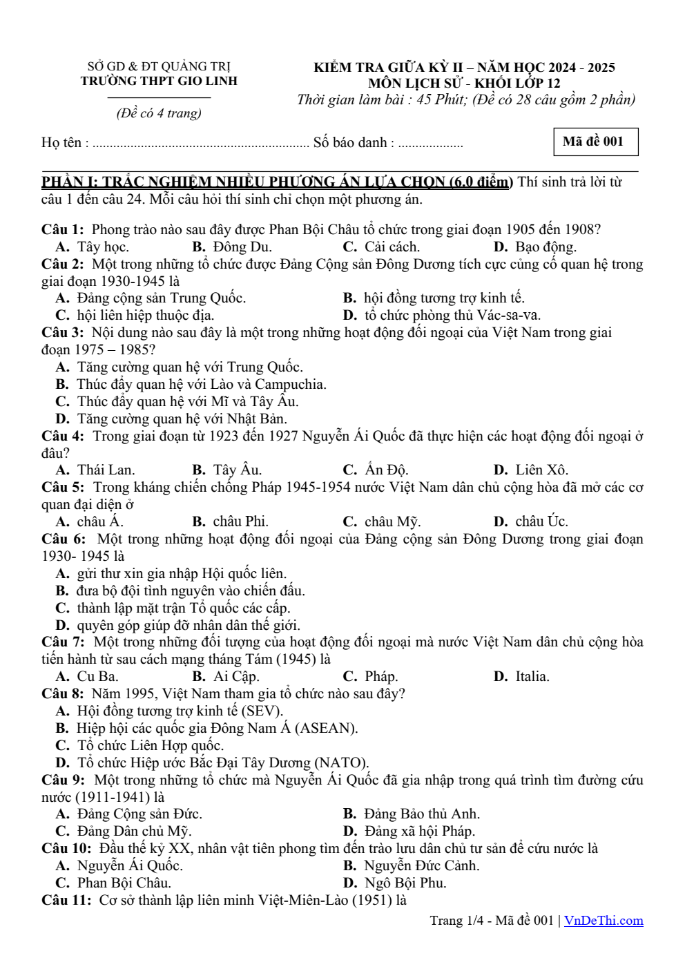 Đề thi Giữa kì 2 Lịch sử 12 năm 2024 - 2025 trường THPT Gio Linh (Quảng Trị)