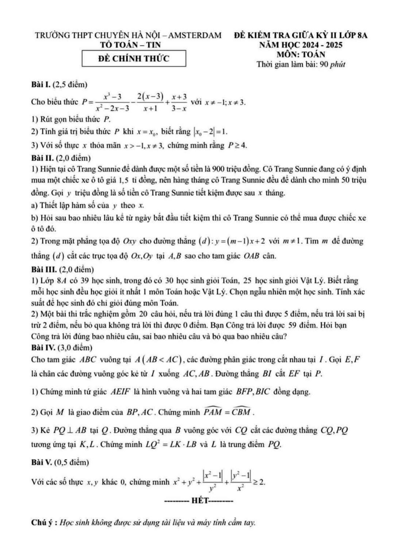 Đề thi Giữa kì 2 Toán 8 trường THPT chuyên Hà Nội – Amsterdam năm 2024–2025