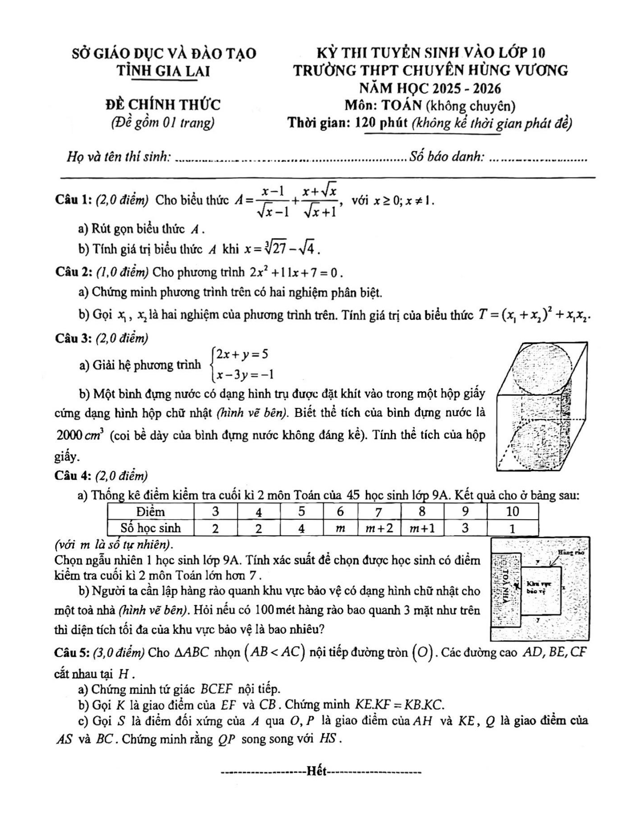 Đề thi tuyển sinh Toán vào lớp 10 (không chuyên) năm 2025-2026 trường chuyên Hùng Vương - Gia Lai