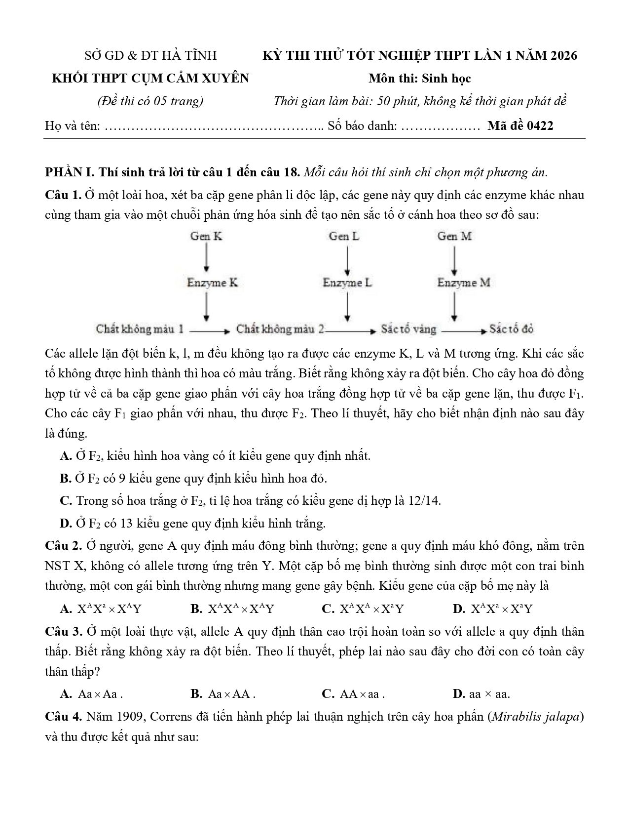 Đề thi thử Tốt nghiệp THPT Sinh học 2025 - 2026 khối THPT cụm Cẩm Xuyên (Hà Tĩnh)