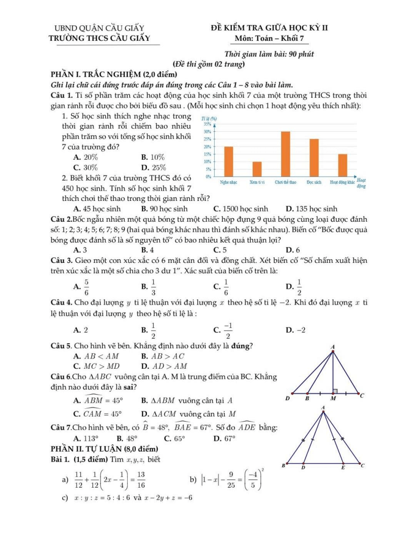 Đề thi Giữa kì 2 Toán 7 trường THCS Cầu Giấy (Hà Nội) năm 2024–2025