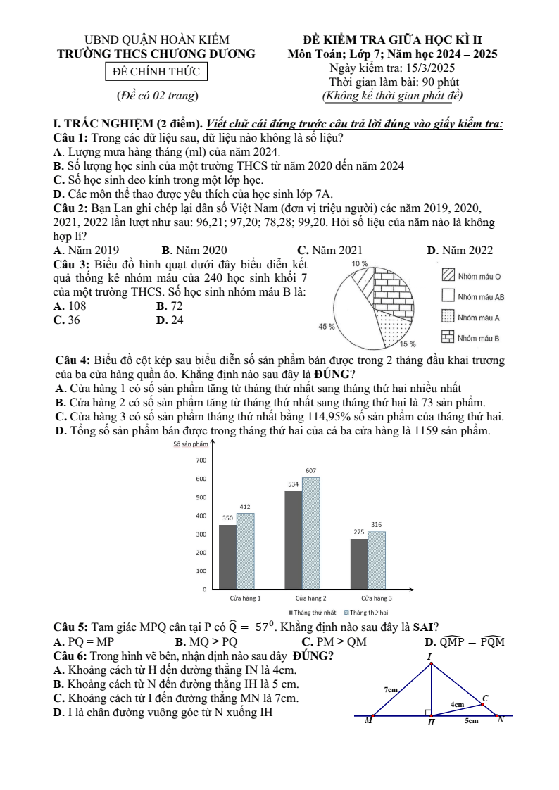 Đề thi Giữa kì 2 Toán 7 trường THCS Chương Dương (Hà Nội) năm 2024–2025