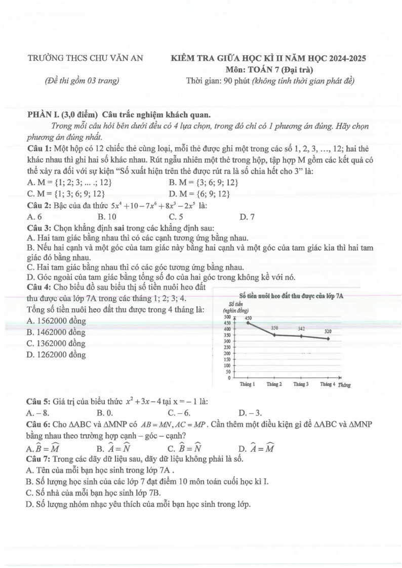 Đề thi Giữa kì 2 Toán 7 trường THCS Chu Văn An (Bình Dương) năm 2024–2025