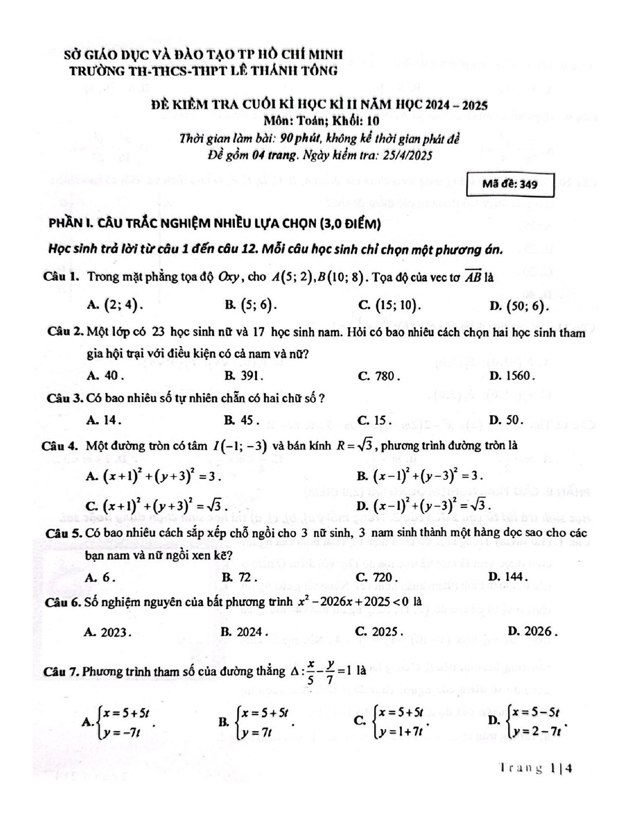 Đề thi Học kì 2 Toán 10 trường Lê Thánh Tông (Hồ Chí Minh) năm 2024–2025