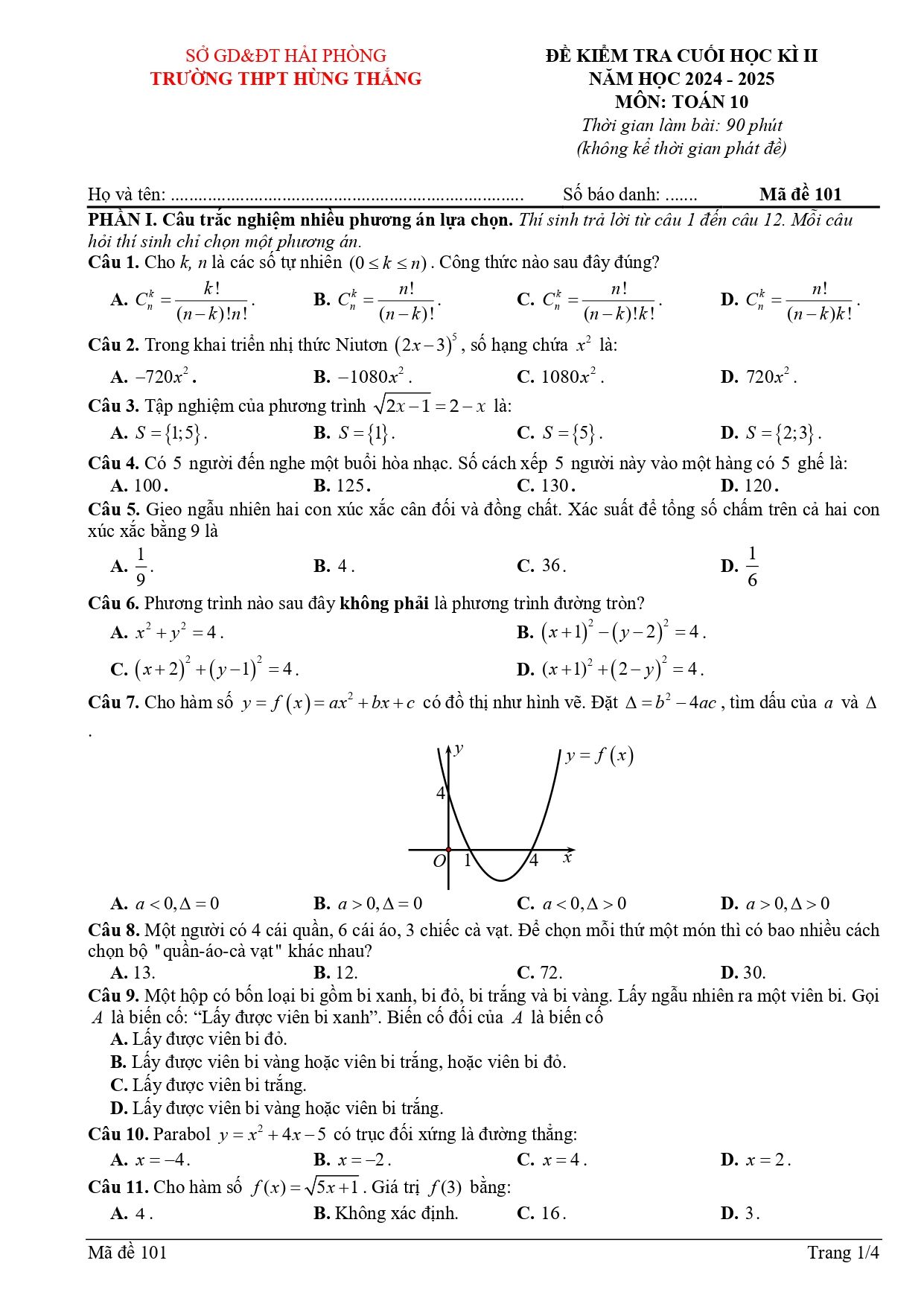 Đề thi Học kì 2 Toán 10 trường THPT Hùng Thắng (Hải Phòng) năm 2024–2025