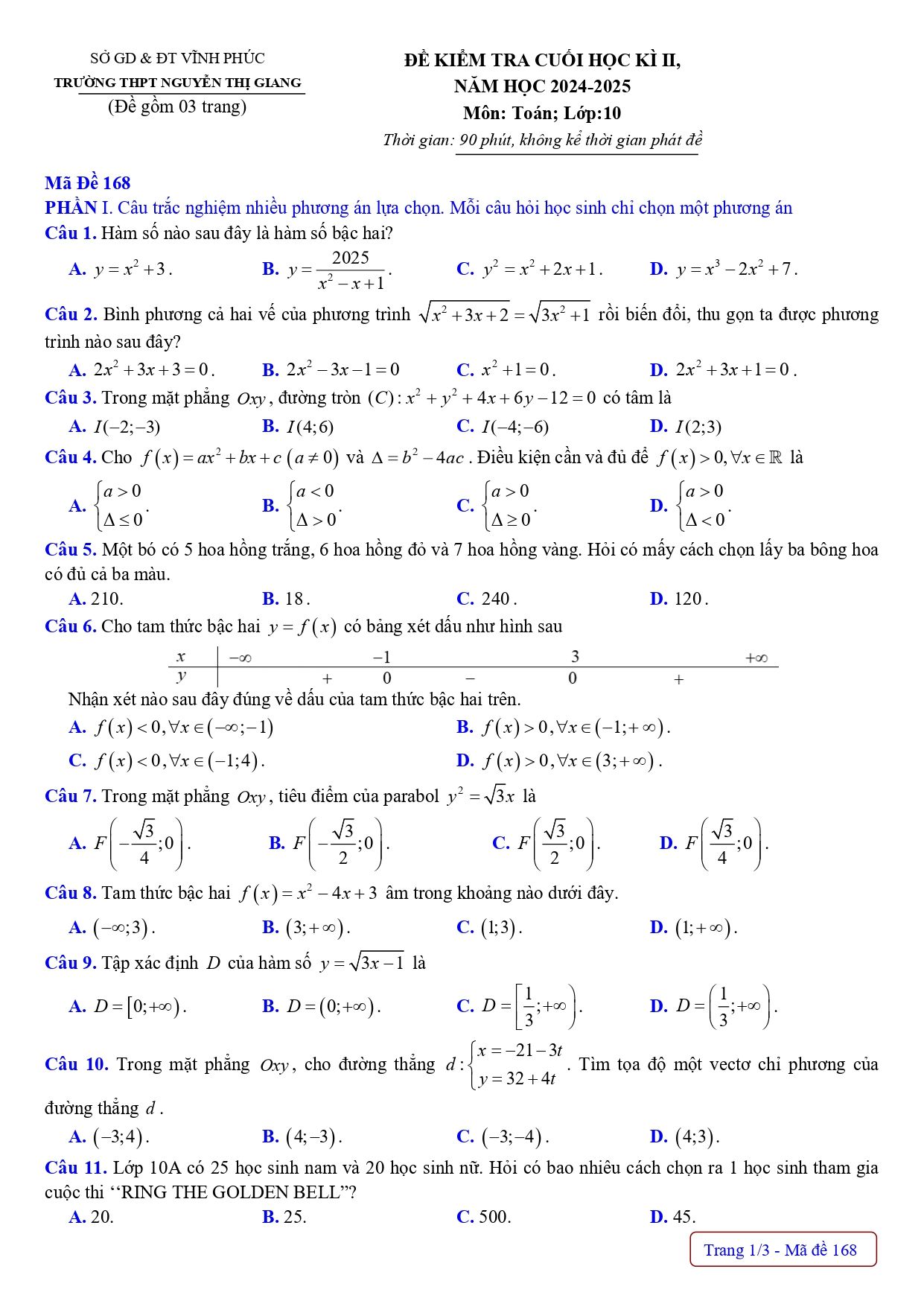 Đề thi Học kì 2 Toán 10 trường THPT Nguyễn Thị Giang (Vĩnh Phúc) năm 2024–2025