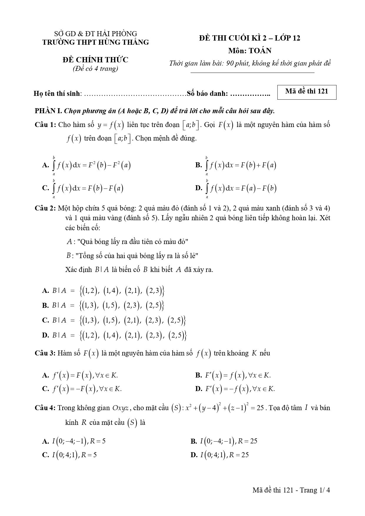 Đề thi Học kì 2 Toán 12 trường THPT Hùng Thắng (Hải Phòng) năm 2024–2025