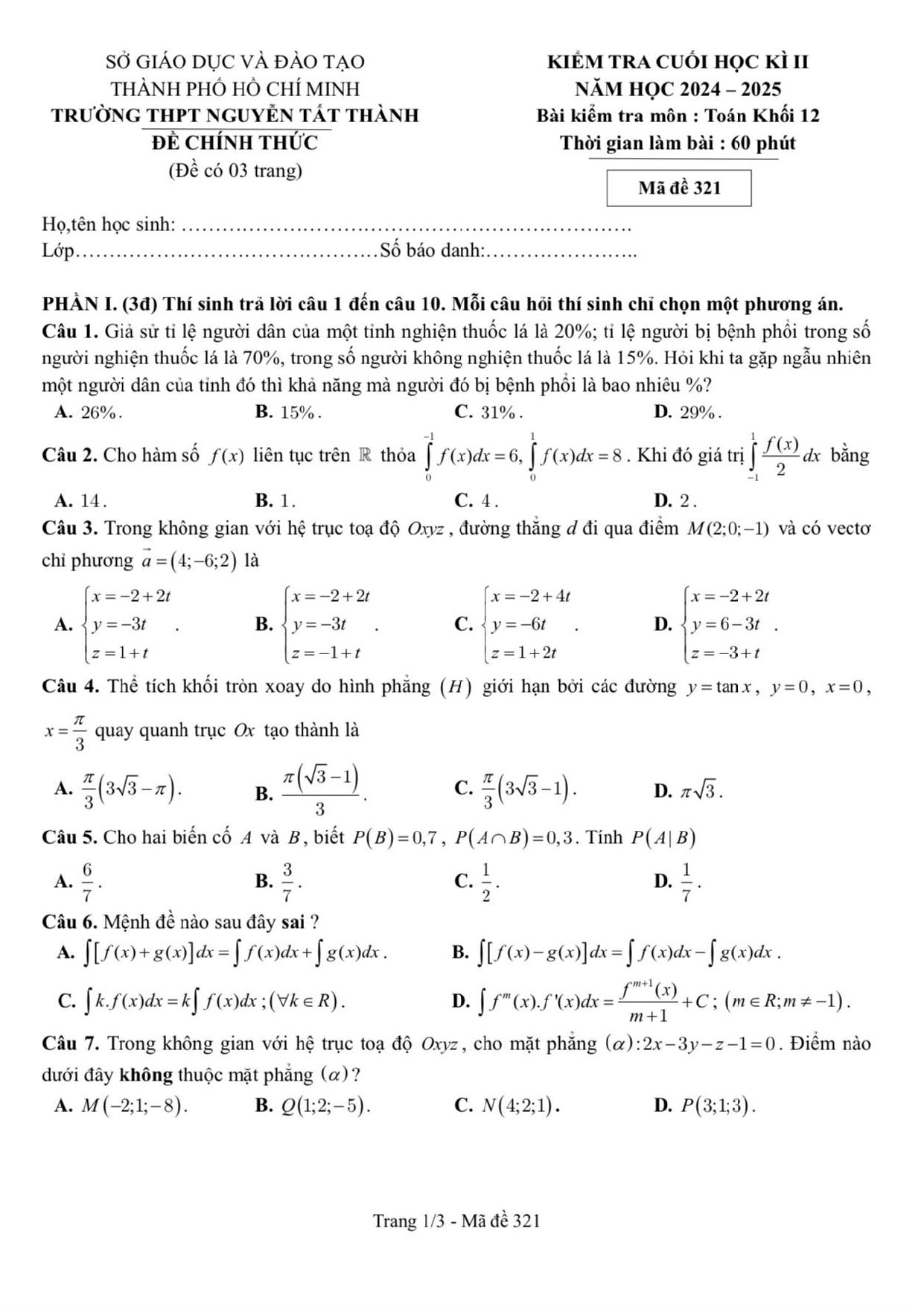 Đề thi Học kì 2 Toán 12 trường THPT Nguyễn Tất Thành (Hồ Chí Minh) năm 2024–2025