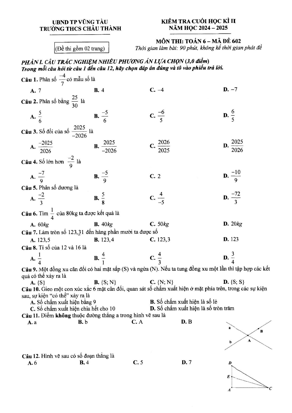 Đề thi Học kì 2 Toán 6 trường THCS Châu Thành (Bà Rịa - Vũng Tàu) năm 2024–2025