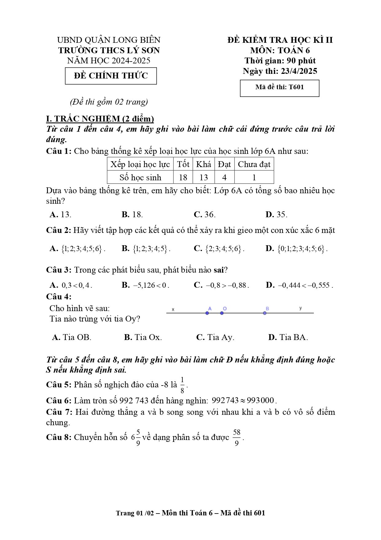 Đề thi Học kì 2 Toán 6 trường THCS Lý Sơn (Hà Nội) năm 2024–2025