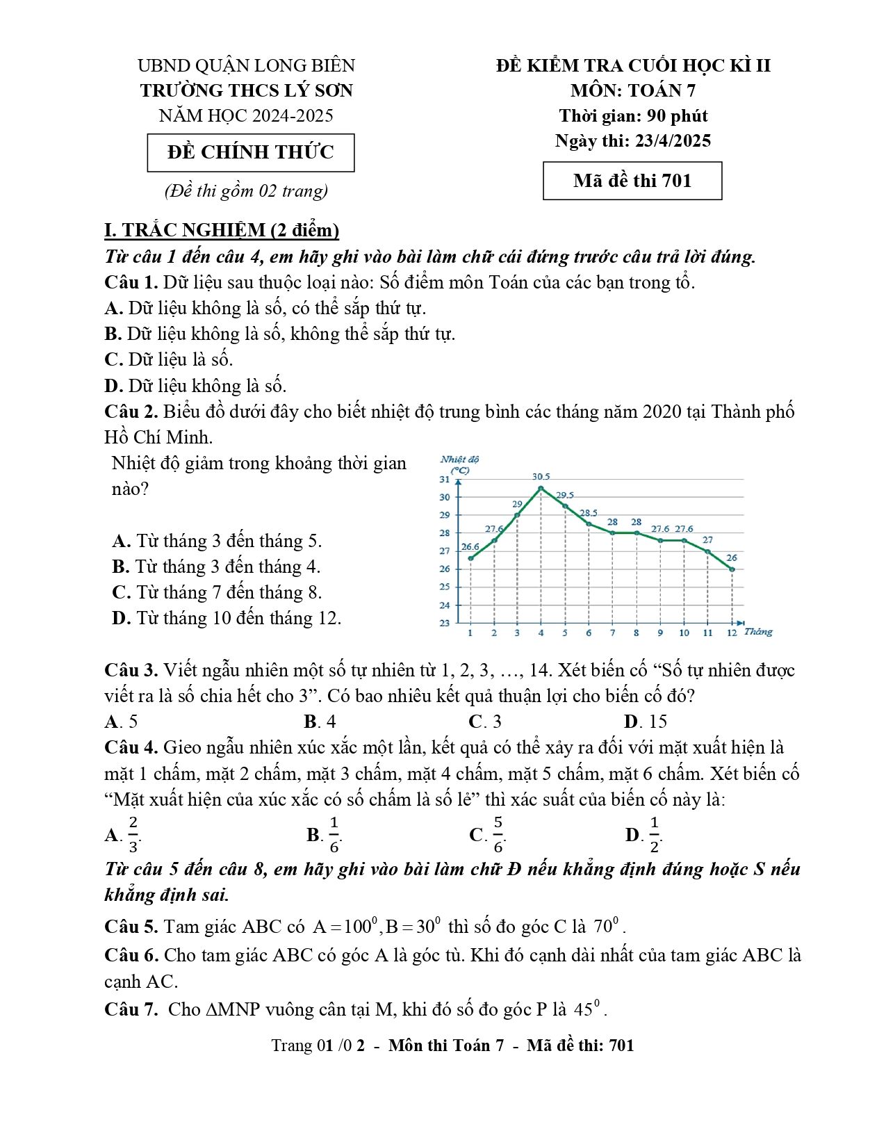 Đề thi Học kì 2 Toán 7 trường THCS Lý Sơn (Hà Nội) năm 2024–2025