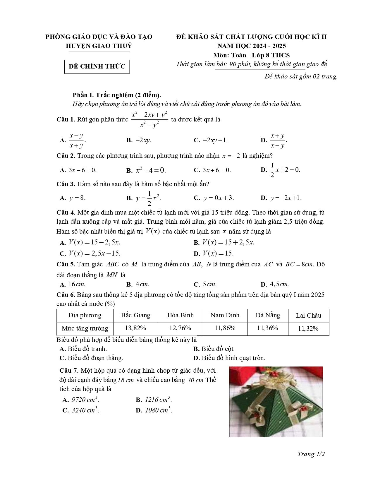 Đề thi Học kì 2 Toán 8 phòng GD&ĐT Giao Thủy (Nam Định) năm 2024–2025