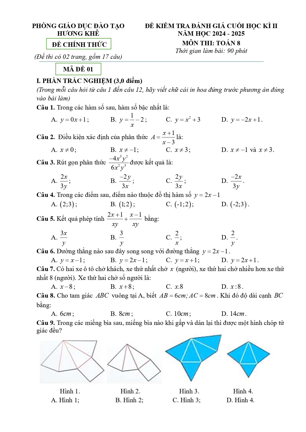 Đề thi Học kì 2 Toán 8 phòng GD&ĐT Hương Khê (Hà Tĩnh) năm 2024–2025