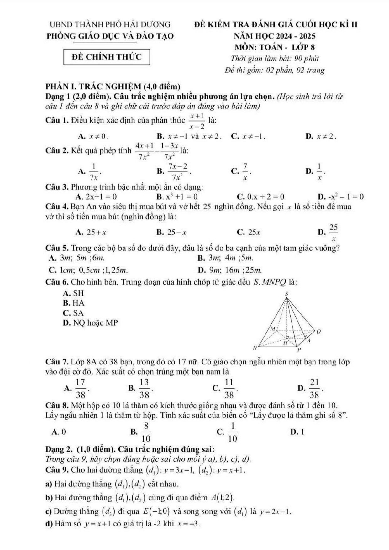 Đề thi Học kì 2 Toán 8 phòng GD&ĐT TP Hải Dương năm 2024–2025