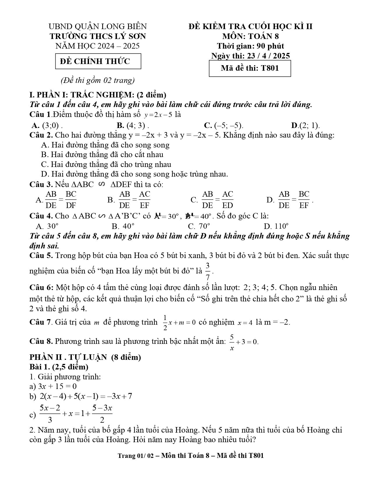 Đề thi Học kì 2 Toán 8 trường THCS Lý Sơn (Hà Nội) năm 2024–2025