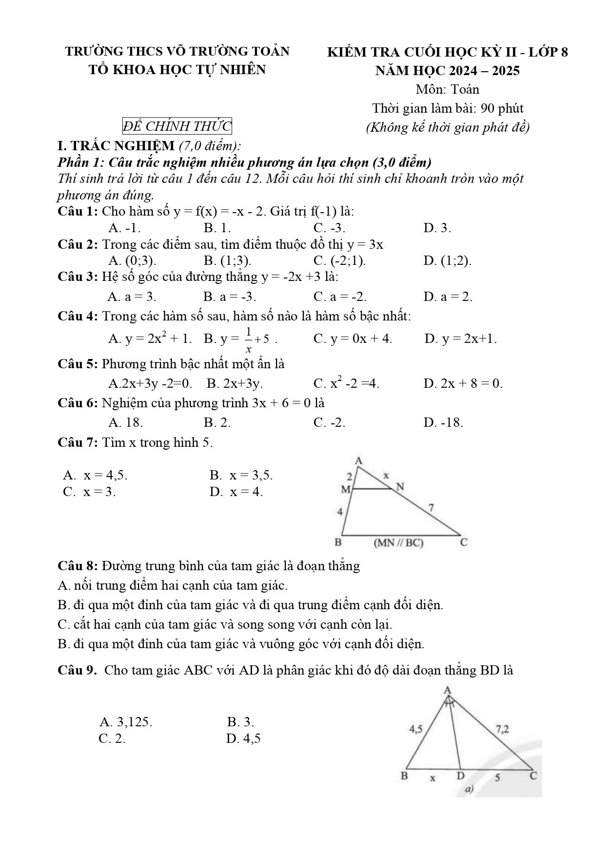 Đề thi Học kì 2 Toán 8 trường THCS Võ Trường Toản (Bà Rịa - Vũng Tàu) năm 2024–2025