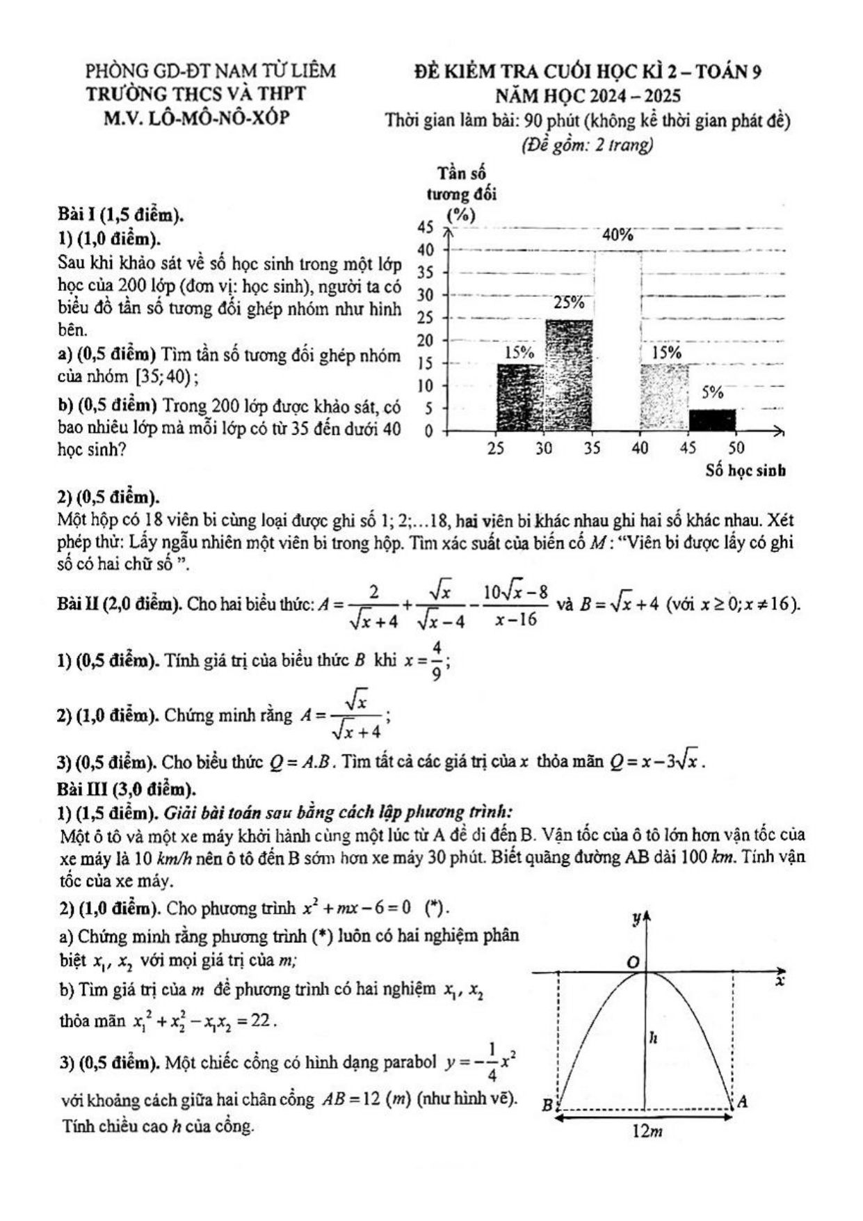 Đề thi Học kì 2 Toán 9 trường M.V. Lômônôxốp (Hà Nội) năm 2024–2025
