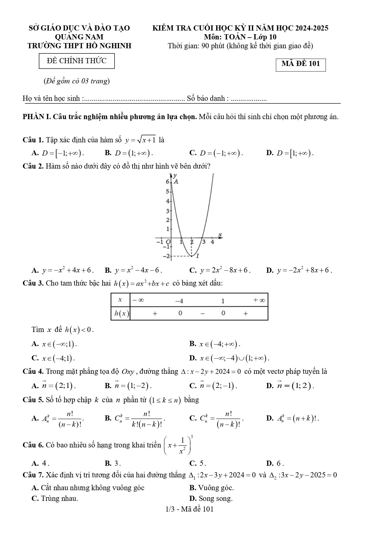 Đề thi Học kì 2 Toán 10 trường THPT Hồ Nghinh (Quảng Nam) năm 2024–2025