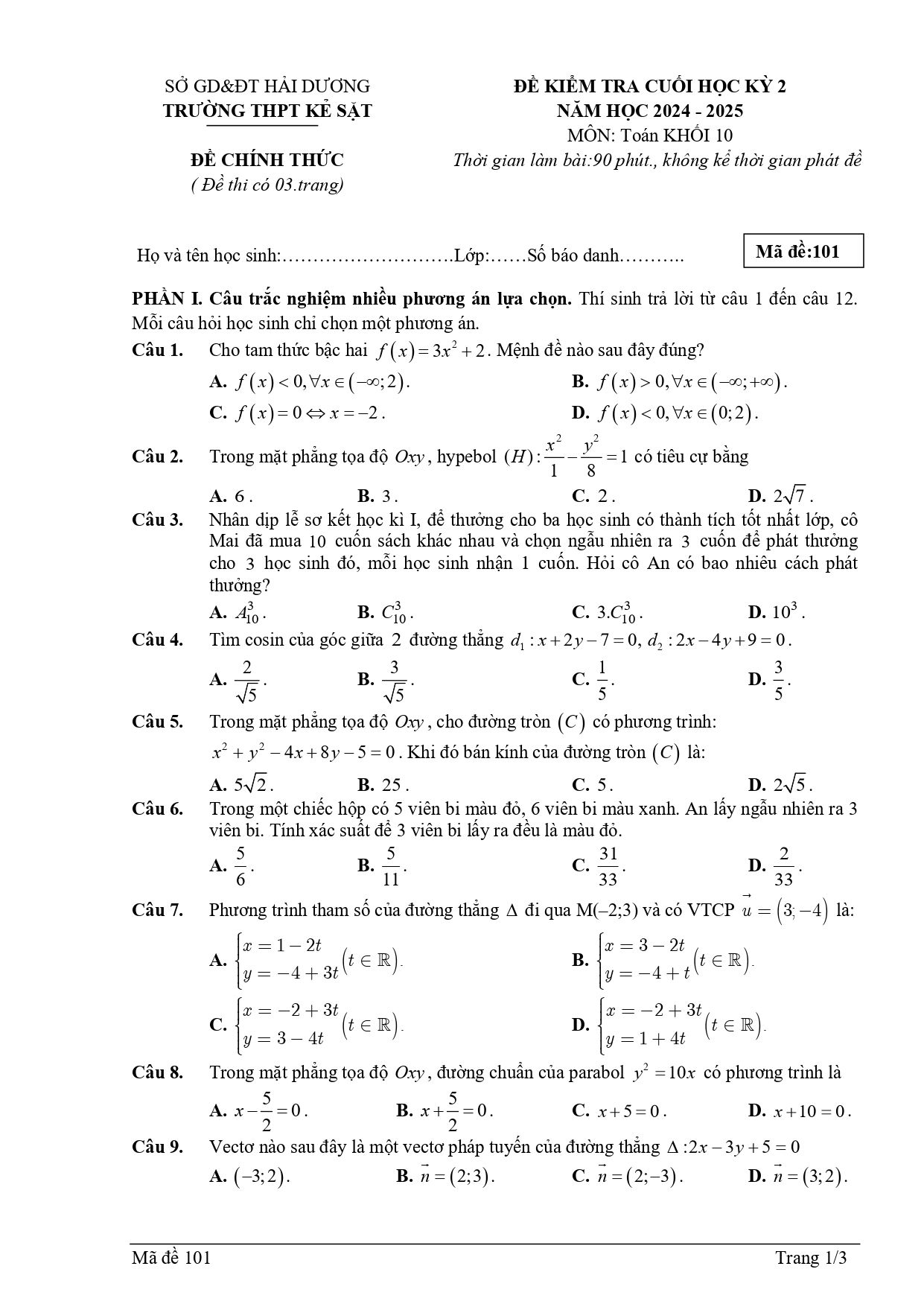 Đề thi Học kì 2 Toán 10 trường THPT Kẻ Sặt (Hải Dương) năm 2024–2025