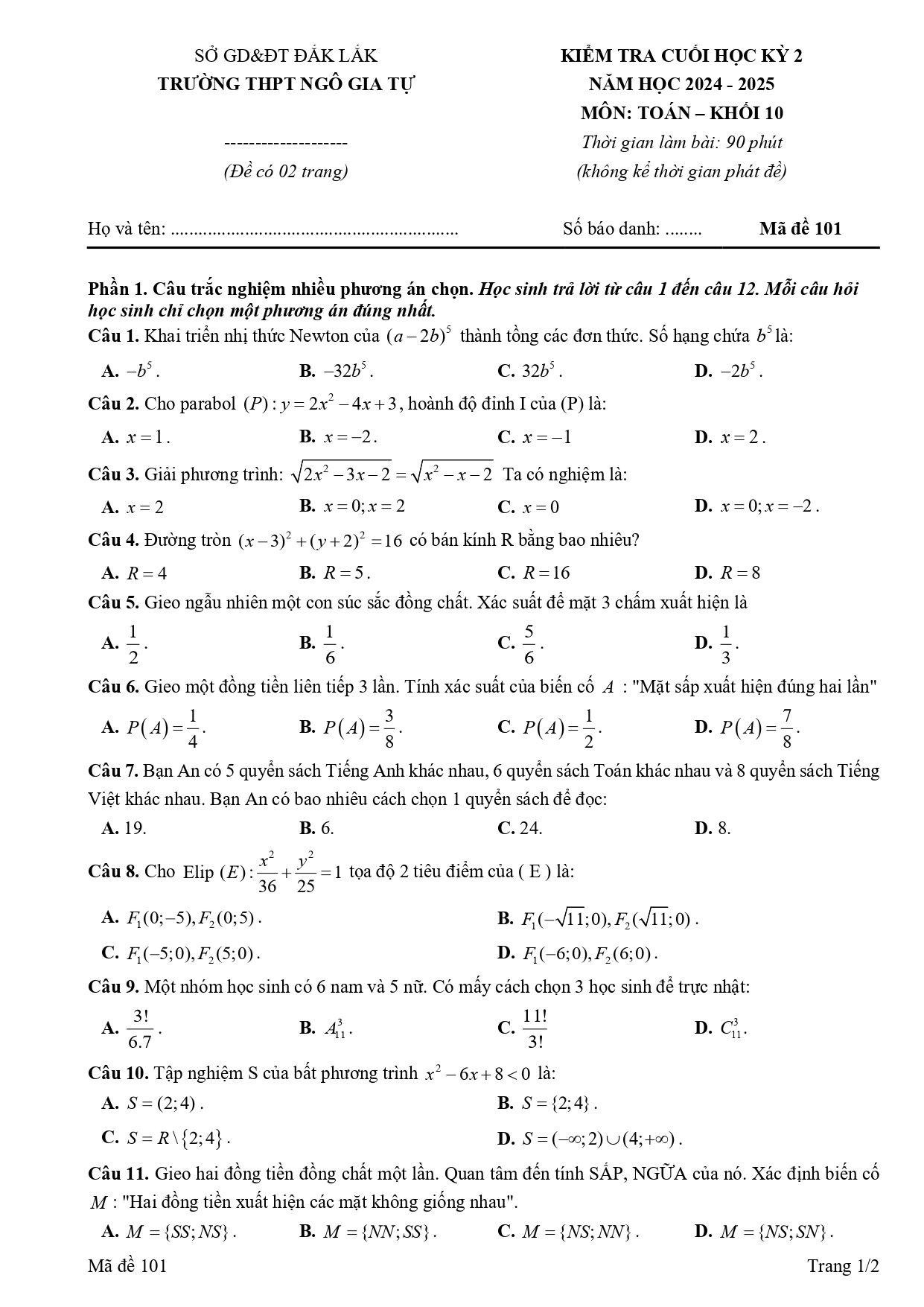 Đề thi Học kì 2 Toán 10 trường THPT Ngô Gia Tự (Đắk Lắk) năm 2024–2025
