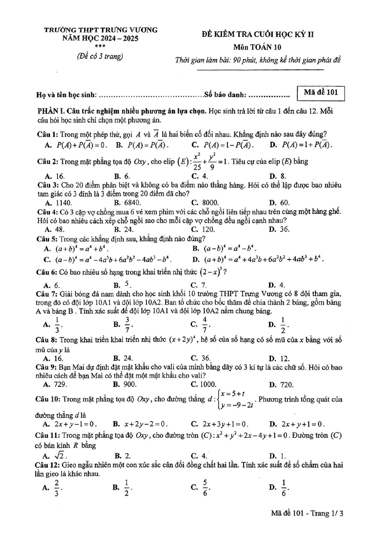 Đề thi Học kì 2 Toán 10 trường THPT Trưng Vương (Hồ Chí Minh) năm 2024–2025