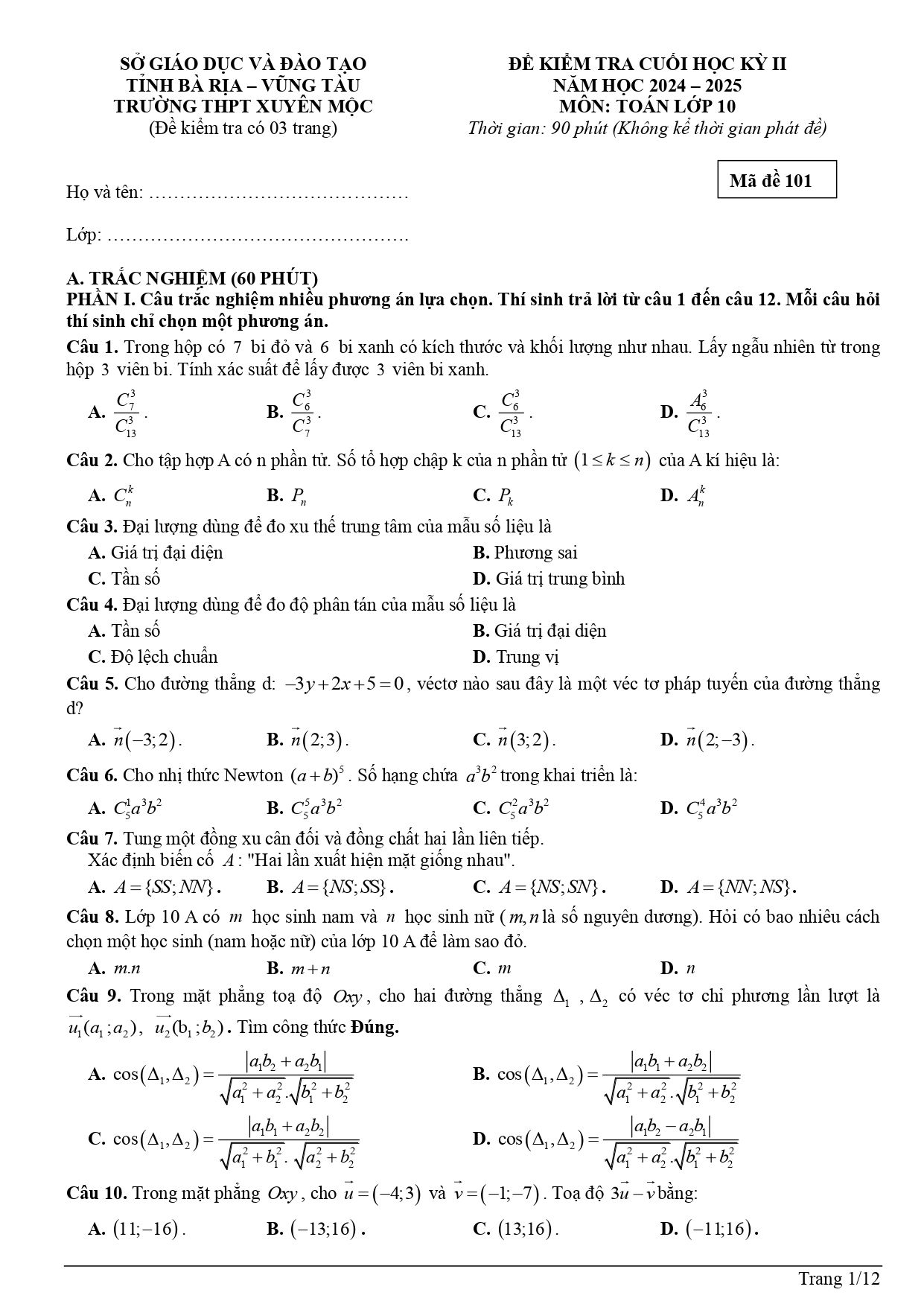 Đề thi Học kì 2 Toán 10 trường THPT Xuyên Mộc (Bà Rịa - Vũng Tàu) năm 2024–2025