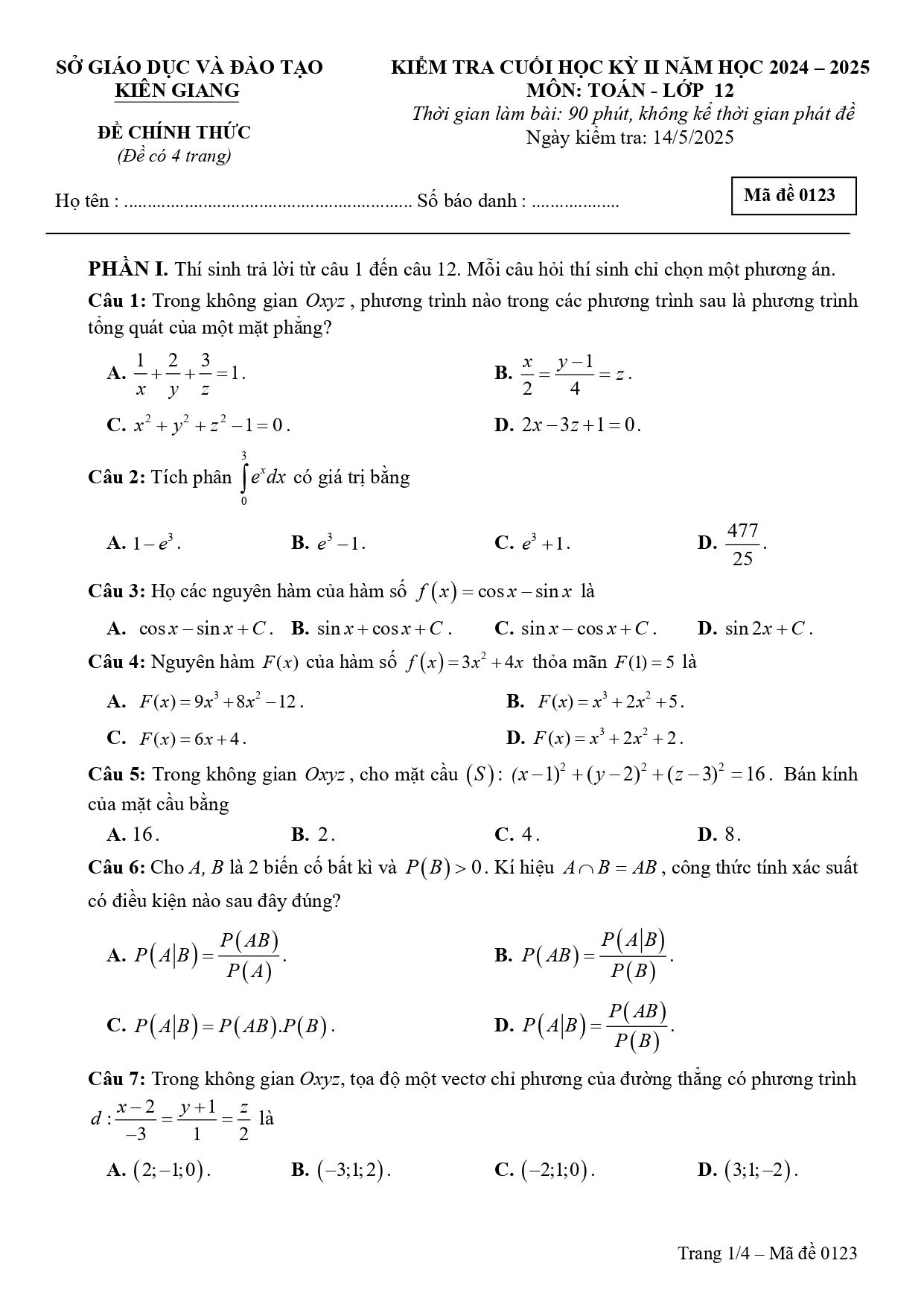 Đề thi Học kì 2 Toán 12 sở GD&ĐT Kiên Giang năm 2024–2025