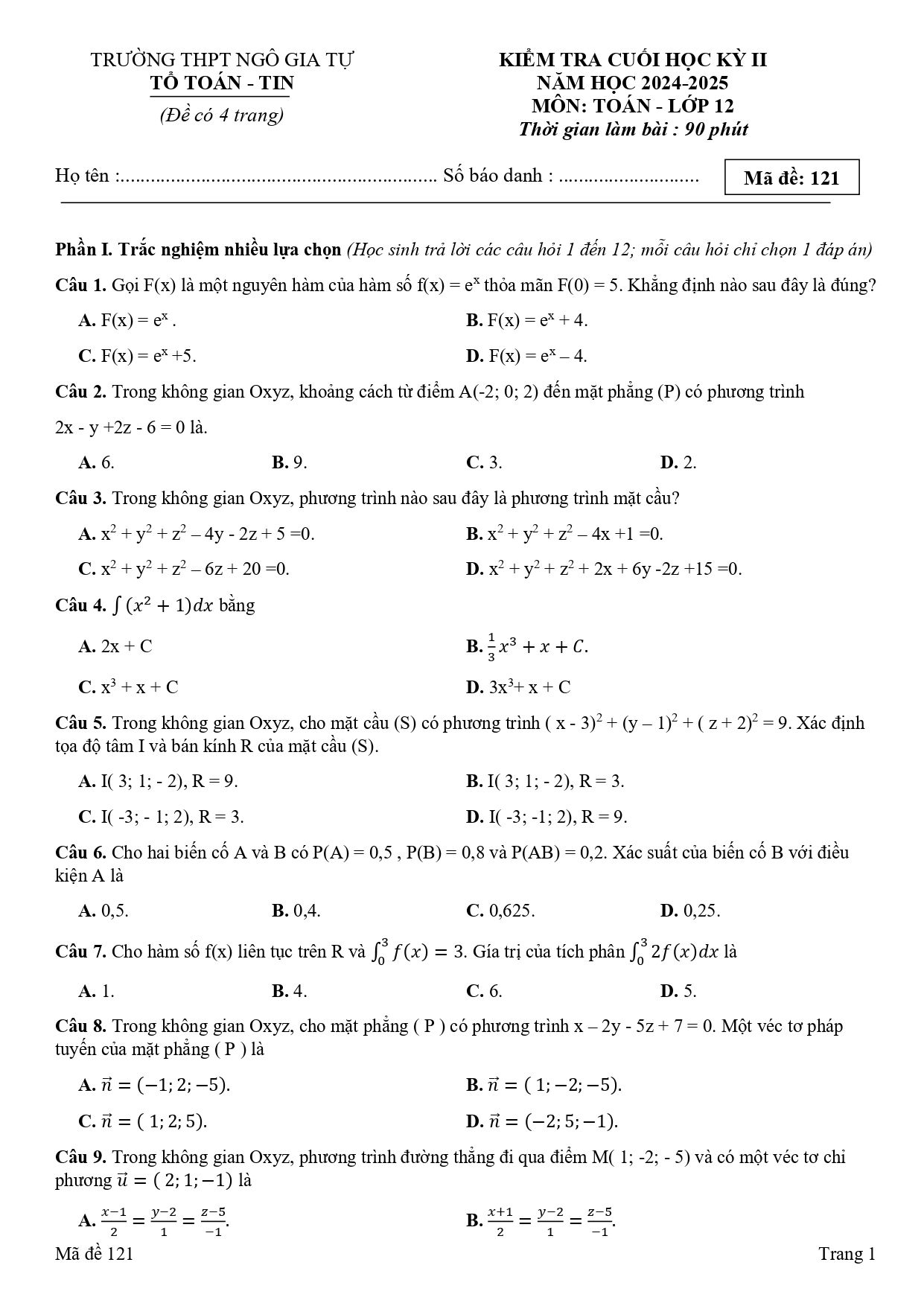 Đề thi Học kì 2 Toán 12 trường THPT Ngô Gia Tự (Đắk Lắk) năm 2024–2025