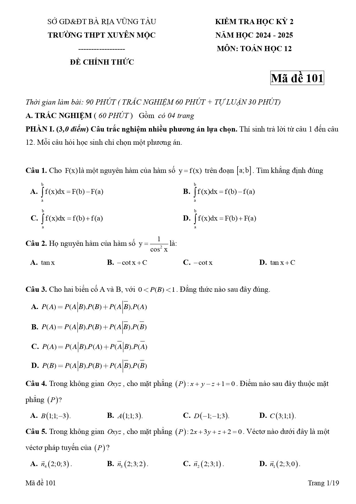 Đề thi Học kì 2 Toán 12 trường THPT Xuyên Mộc (Bà Rịa - Vũng Tàu) năm 2024–2025