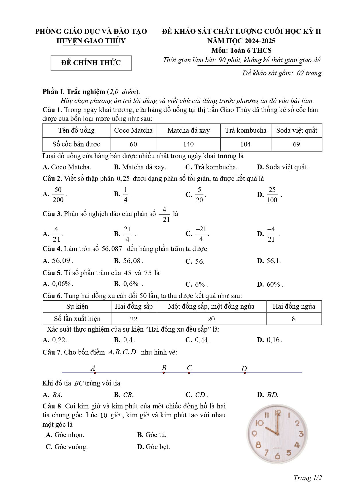 Đề thi Học kì 2 Toán 6 phòng GD&ĐT Giao Thủy (Nam Định) năm 2024–2025