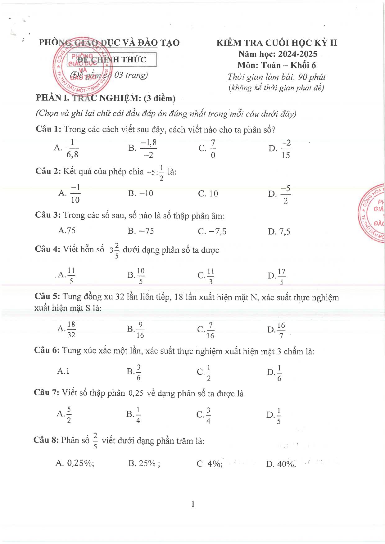 Đề thi Học kì 2 Toán 6 phòng GD&ĐT Thủ Dầu Một (Bình Dương) năm 2024–2025
