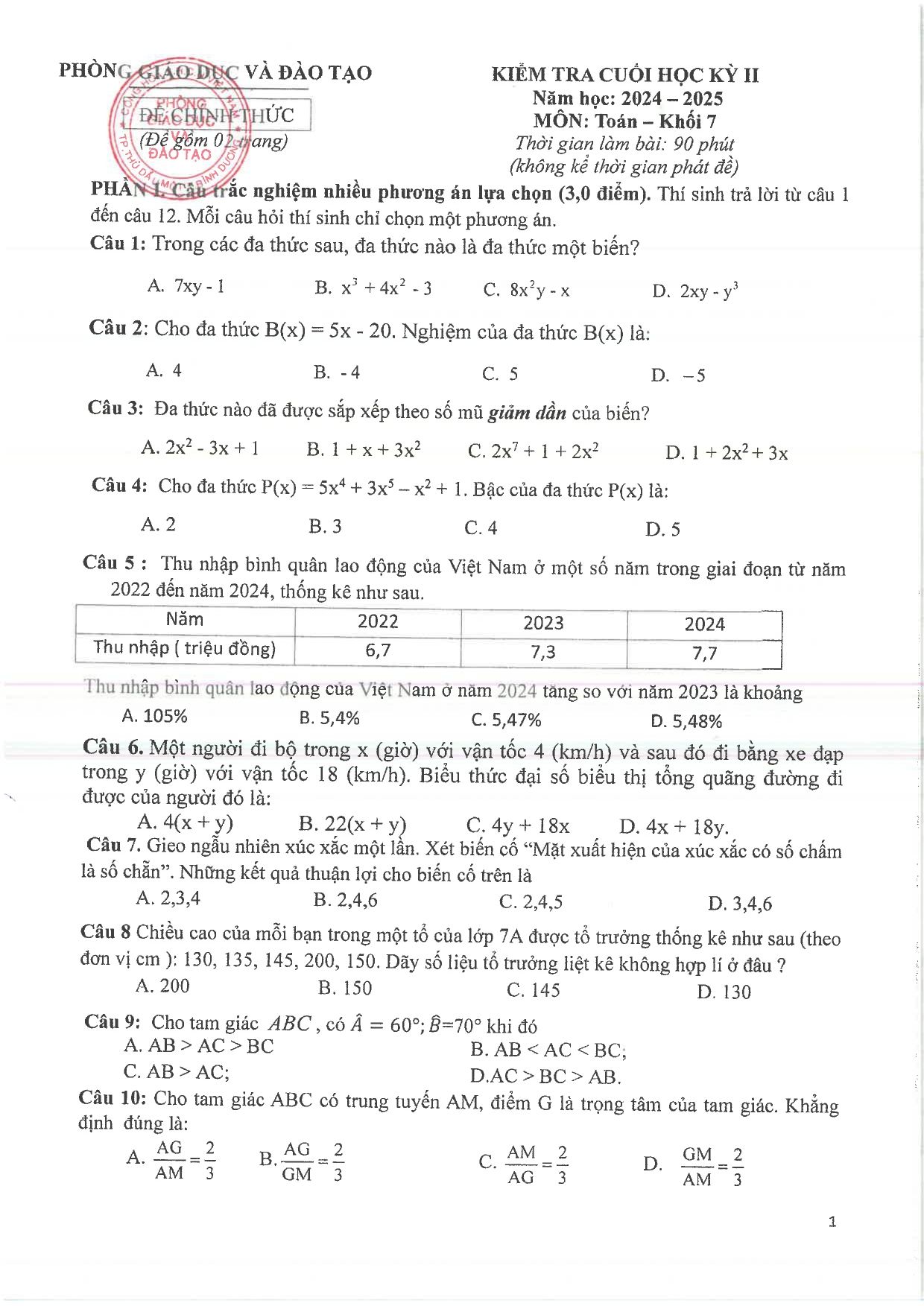 Đề thi Học kì 2 Toán 7 phòng GD&ĐT Thủ Dầu Một (Bình Dương) năm 2024–2025
