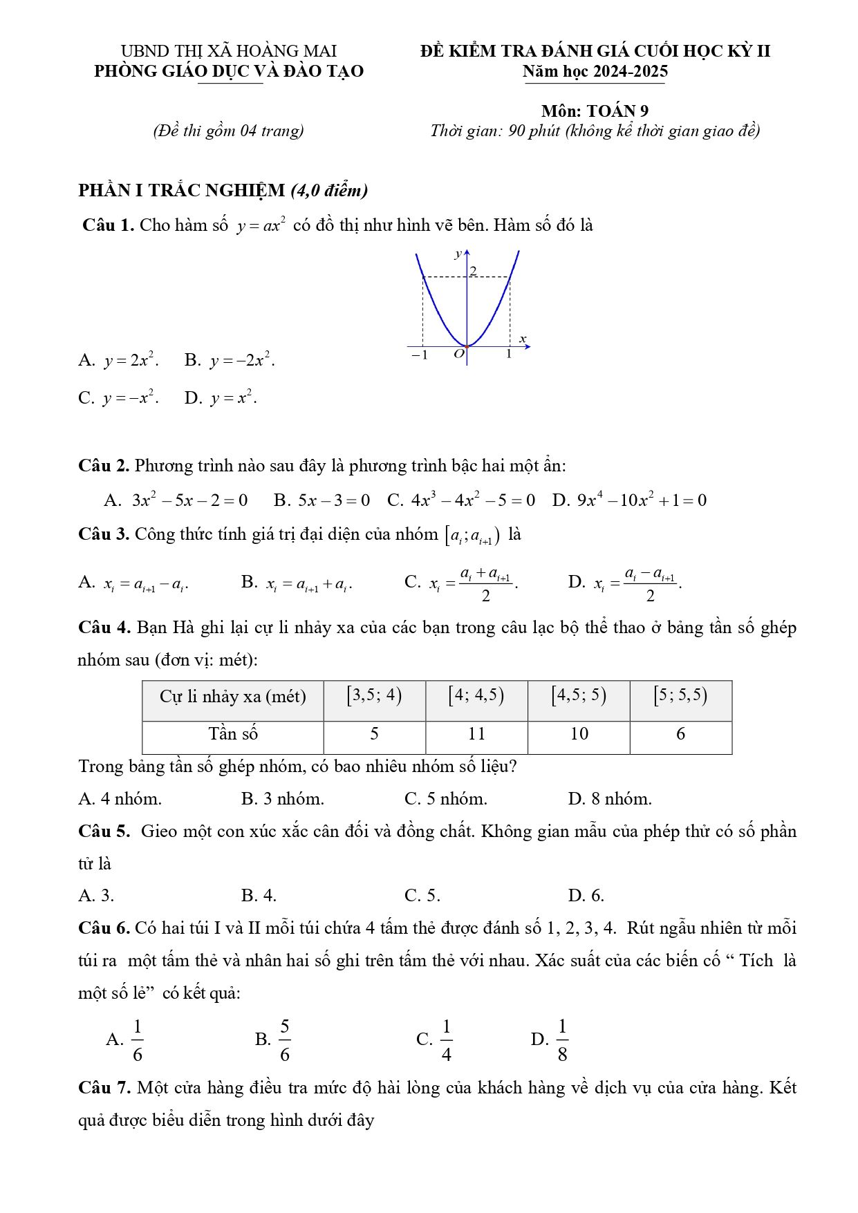 Đề thi Học kì 2 Toán 9 phòng GD&ĐT Hoàng Mai (Nghệ An) năm 2024–2025