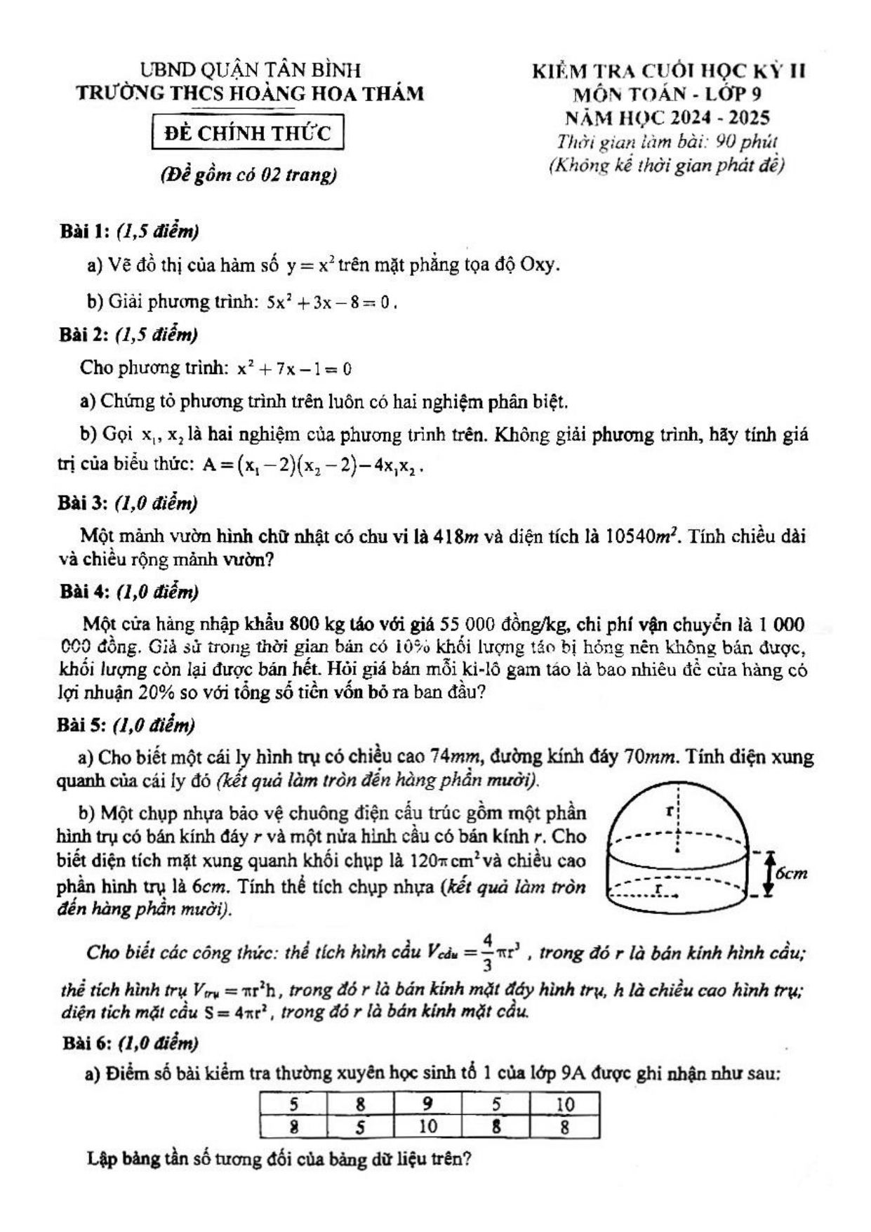 Đề thi Học kì 2 Toán 9 trường THCS Hoàng Hoa Thám (Hồ Chí Minh) năm 2024–2025