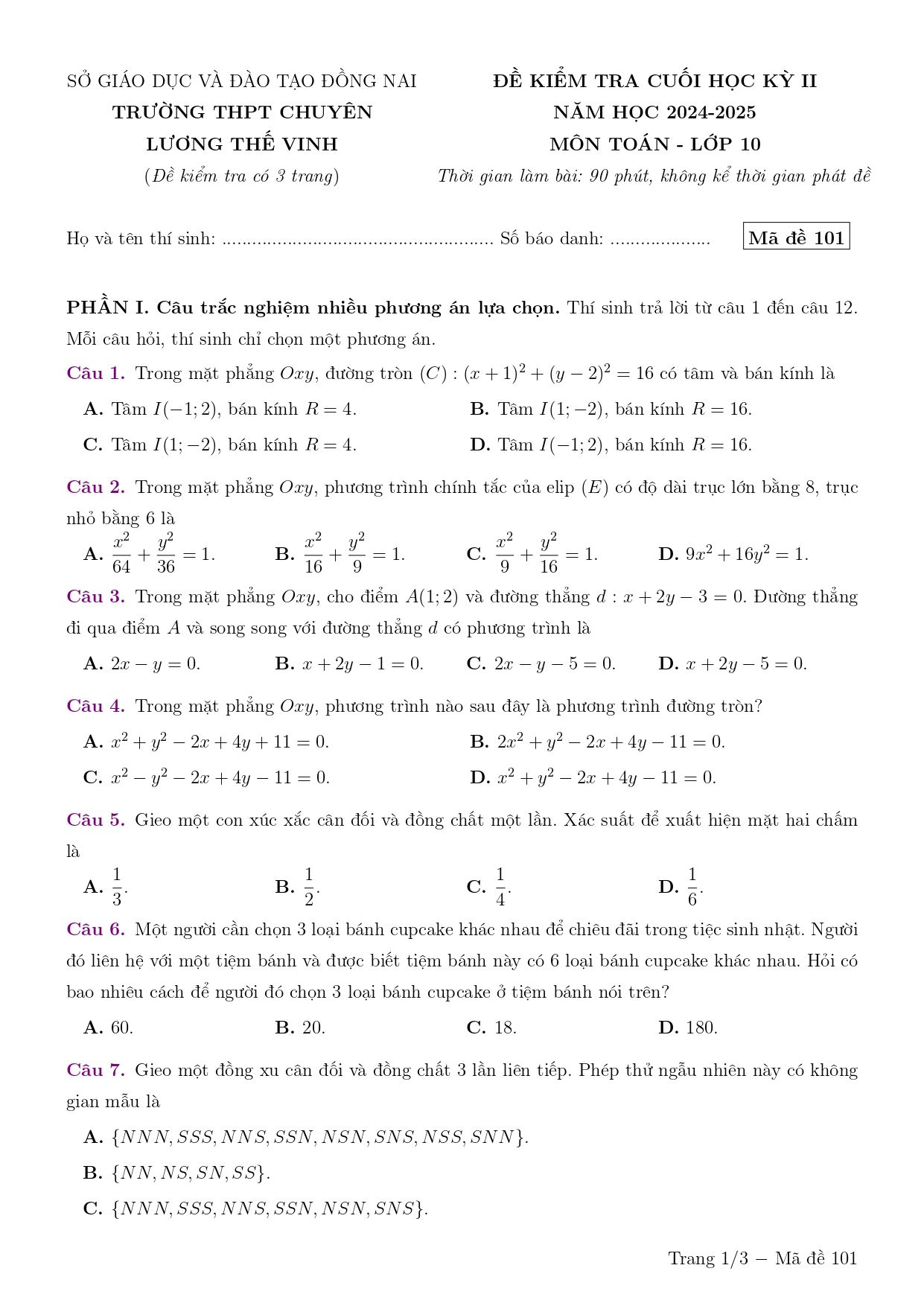 Đề thi Học kì 2 Toán 10 trường chuyên Lương Thế Vinh (Đồng Nai) năm 2024–2025