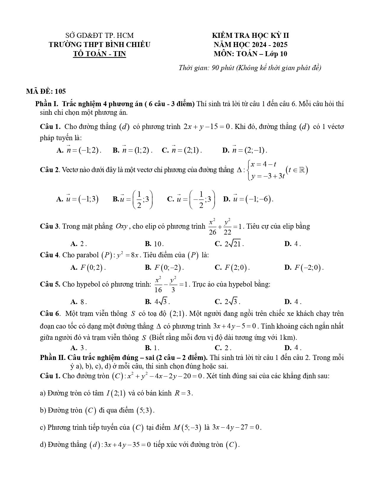Đề thi Học kì 2 Toán 10 trường THPT Bình Chiểu (Hồ Chí Minh) năm 2024–2025