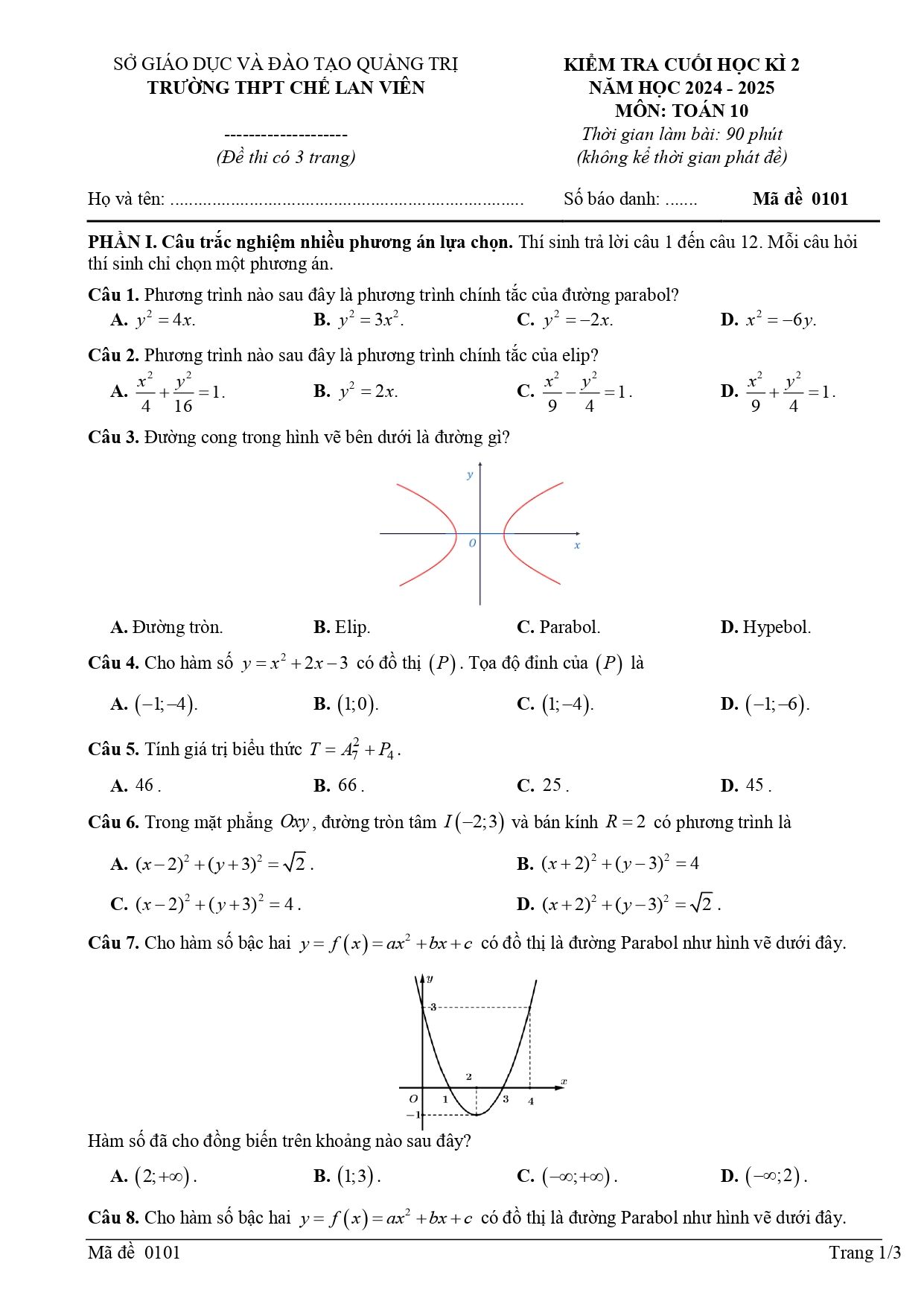 Đề thi Học kì 2 Toán 10 trường THPT Chế Lan Viên (Quảng Trị) năm 2024–2025