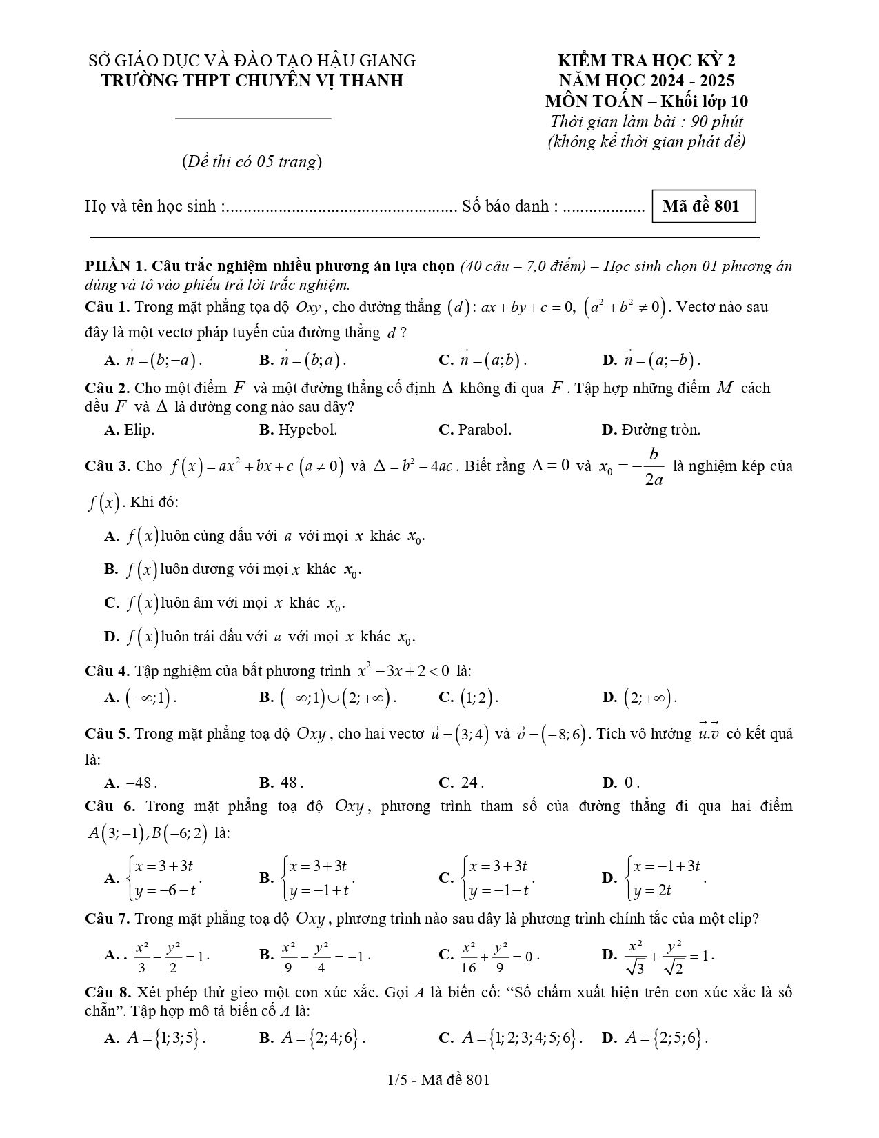 Đề thi Học kì 2 Toán 10 trường THPT chuyên Vị Thanh (Hậu Giang) năm 2024–2025