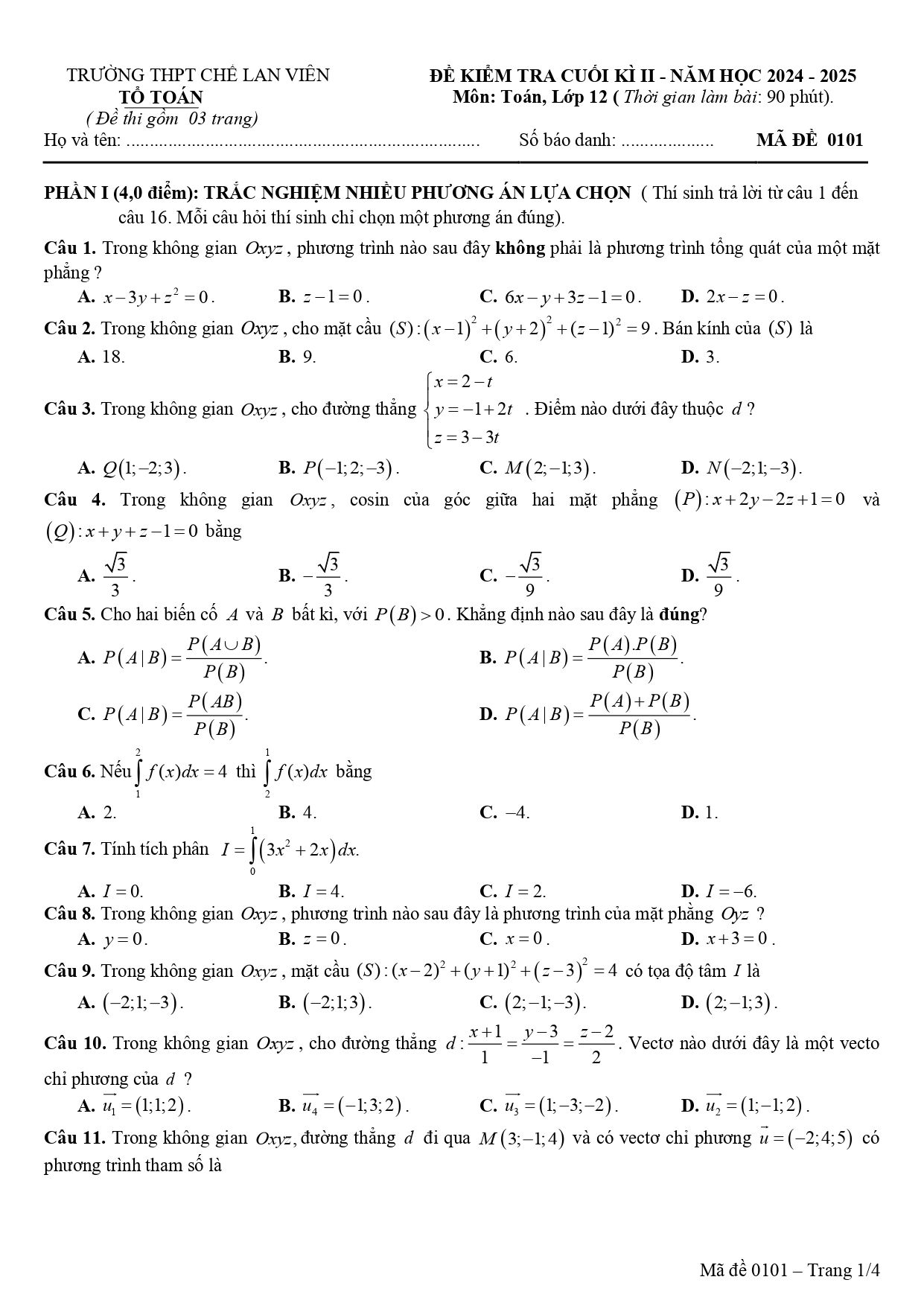 Đề thi Học kì 2 Toán 12 trường THPT Chế Lan Viên (Quảng Trị) năm 2024–2025