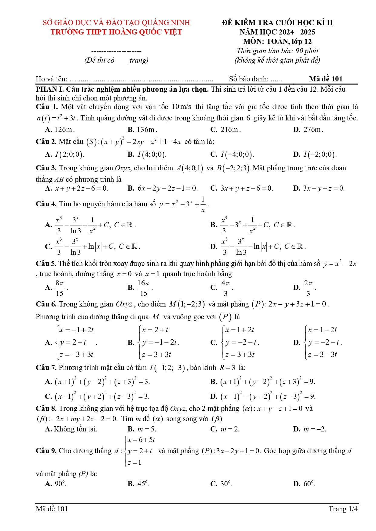 Đề thi Học kì 2 Toán 12 trường THPT Hoàng Quốc Việt (Quảng Ninh) năm 2024–2025