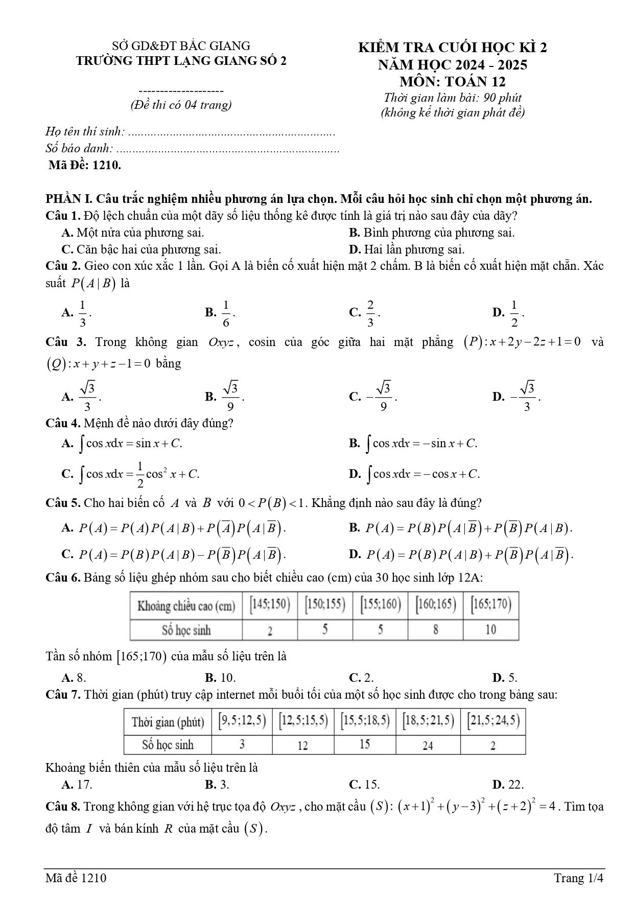 Đề thi Học kì 2 Toán 12 trường THPT Lạng Giang 2 (Bắc Giang) năm 2024–2025