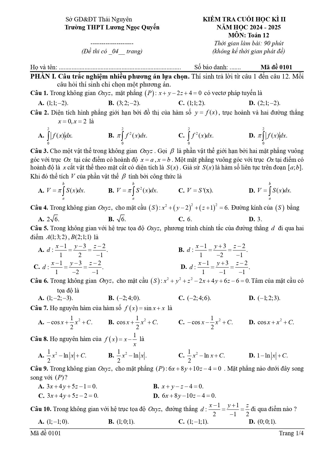 Đề thi Học kì 2 Toán 12 trường THPT Lương Ngọc Quyến (Thái Nguyên) năm 2024–2025